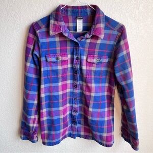 Patagonia button down plaid cotton shirt size 8 blue purple